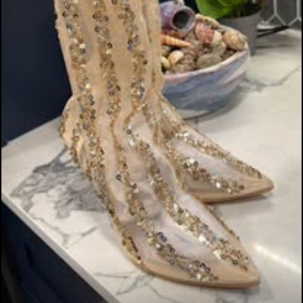 Glamorous Sequin Heeled Boots in Cream and Gold (58)